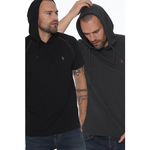 Dewberry DOUBLE SET T8570 HOODED MEN&amp;#039;S T-SHIRT-BLACK-ANTHRACITE Slike