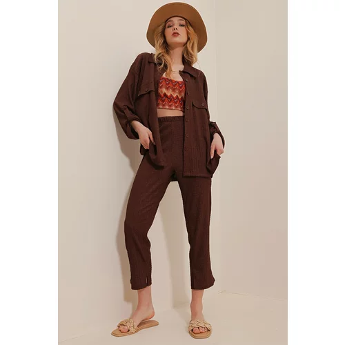 Trend Alaçatı Stili Women's Brown Polo Collar Double Seekers Suit