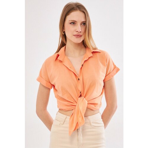 armonika Women's Pink Short Sleeve Linen Shirt Slike