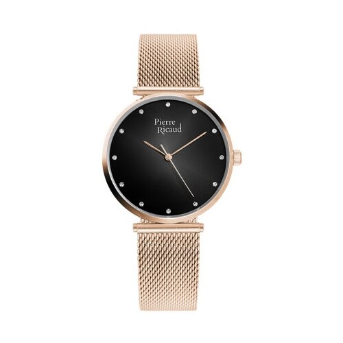 Pierre Ricaud ženski quartz swarovski point crni roze zlatni elegantni ručni sat sa roze zlatnim metalnim kaišem ( p22035.91r4q ) Cene