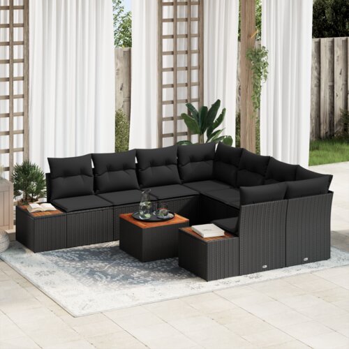 VidaXL 9 Dijelni Vrtni Sofa Set s Jastucima Crni Poli Ratan Bagrem Slike