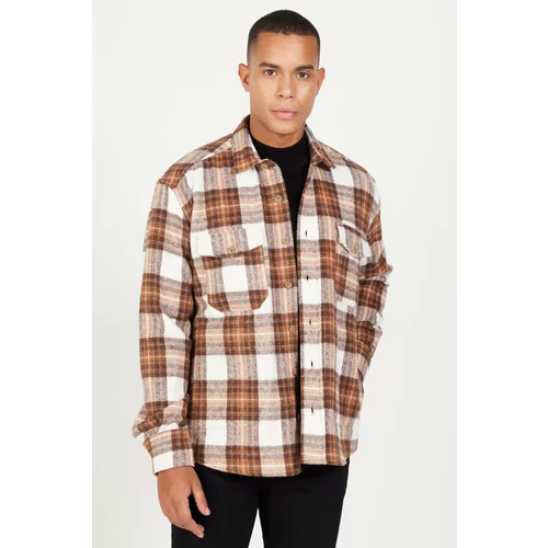 AC&Co / Altınyıldız Classics Men's Ecru Brown Oversize Wide Cut Buttoned Collar Pocket Checkered Lumberjack Winter Shirt Jacket