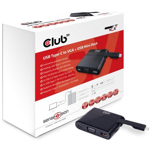 Mini docking station Club 3D USB TYPE C 3.1 GEN 1 TO VGA + USB TYPE A 3.0 + USB TYPE C CHARGING 60W DOCKING STATION CSV-1532 Slike