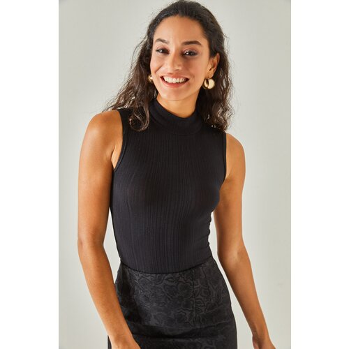 Olalook Women&amp;#039;s Black High Neck Sleeveless Lycra Blouse Slike
