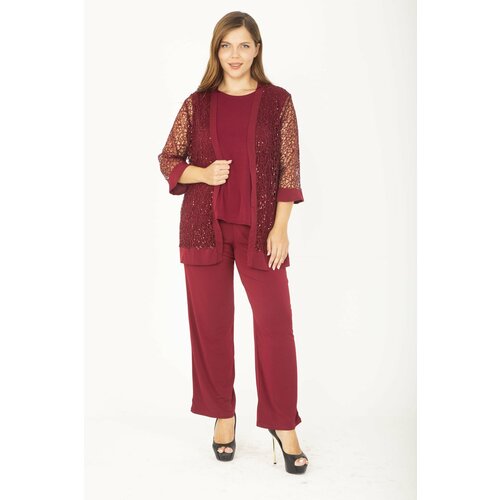 Şans women's plus size burgundy lace cardigan underwear blouse and trousers 3-Piece suit Cene