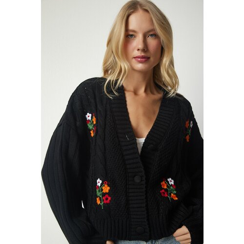 Happiness İstanbul Women's Black Embroidered Knitted Pattern Sweater Cardigan PA0009 Slike