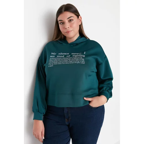 Trendyol Curve Oil Green Hoodie Printed Scuba Knitted Sweatshirt