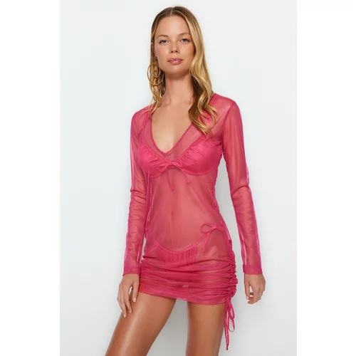 Trendyol Pink Fitted Mini Knitted Pleated Beach Dress