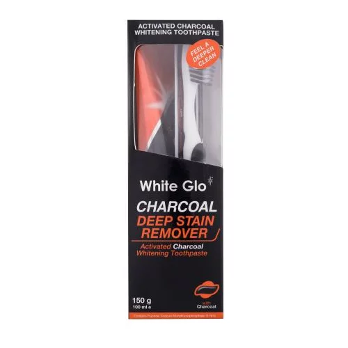 White Glo Charcoal Deep Stain Remover Set pasta za zube 100 ml + četkica za zube 1 kom + međuzubna četkica 8 kom