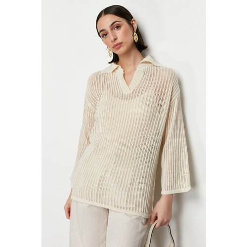 Trendyol Cream Polo Neck Openwork/Perforated Knitwear Sweater Slike