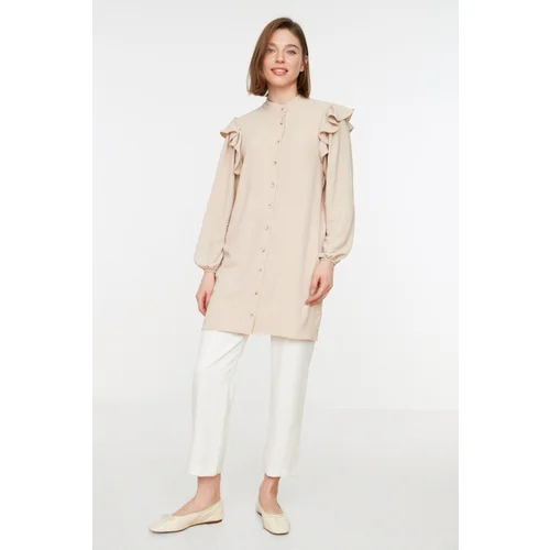 Trendyol Stone Ruched Collar Ruffle Detail Woven Shirt