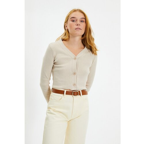Trendyol beige buttoned v neck fake knitwear knitted blouse Slike
