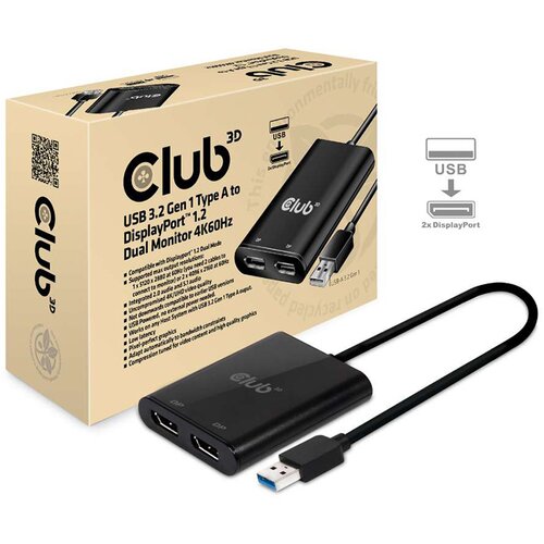 VIDEO adapter Club 3D USB3.2 Gen1 Type A to DisplayPort1.2 Dual Monitor 4K60Hz Splitter CSV-1477 Slike
