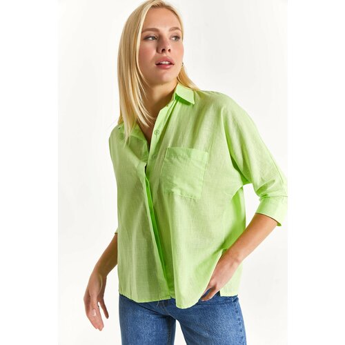 armonika Women's Neon Yellow Loose Linen Shirt with Pockets Slike