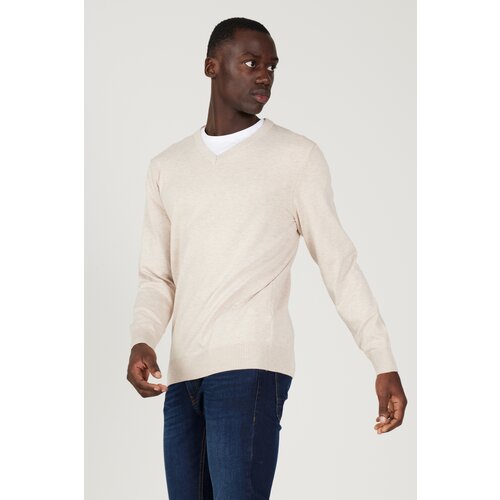 ALTINYILDIZ CLASSICS Men's Beige Melange Standard Fit Regular Fit V Neck Knitwear Sweater Slike