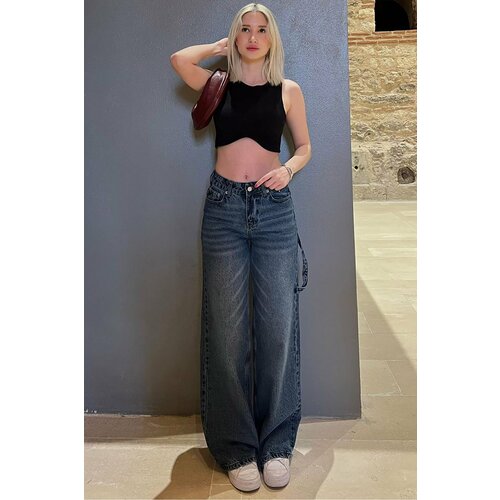 Madmext Women's Blue Straight Wide Jeans Cene
