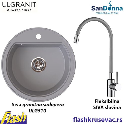  Granitna sudopera Ulgranit ULG510 okrugla (SIVA) + fleksibilna slavina SanDonna - SET Slike