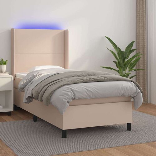  Krevet box spring i madrac LED cappuccino 80x200cm umjetna koža Slike
