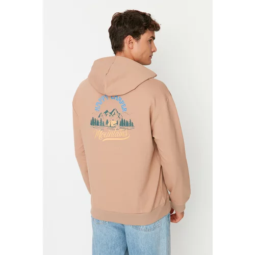 Trendyol Beige Men's Relaxed Fit Hooded Printed Long Sleeve Kangaroo Pocket Sweatshirt