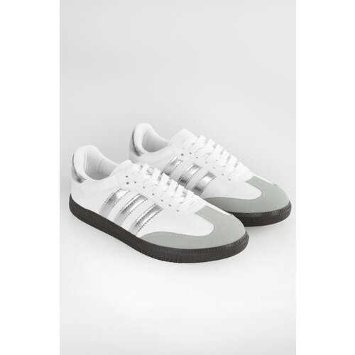 Shoeberry Women's Sambai White-Silver Striped Flat Sneakers Cijene