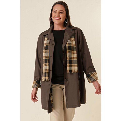 By Saygı Lined, Zippered Pocket, Scarf With Accessories Plus Size Bondit Coat Brown. Slike