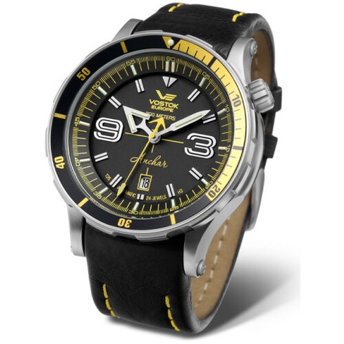 Vostok Europe muški anhcar automatik crni srebrni sportski ručni sat sa crnim kožnim i žutim gumenim kaišem Cene