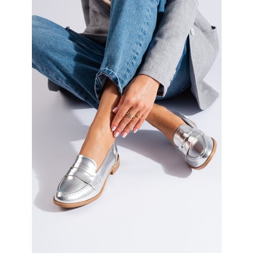 SHELOVET Women's leatherette loafers silver Cene