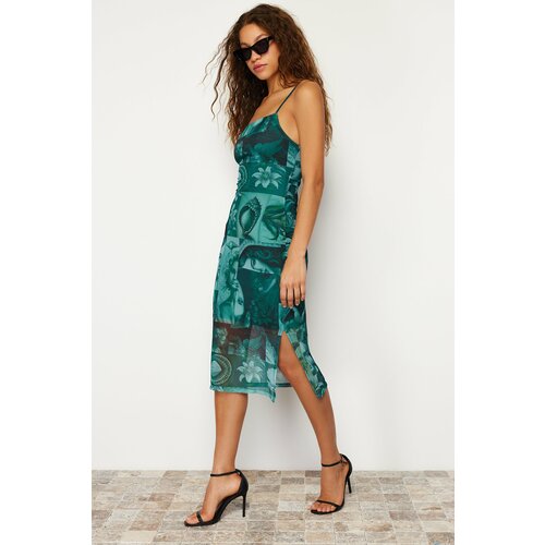 Trendyol Emerald Green Strappy Fitted/Sleeping Square Neck Tulle Knitted Midi Dress Slike