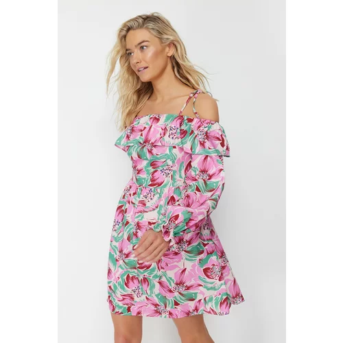 Trendyol Floral Patterned Mini Woven Ruffle Beach Dress
