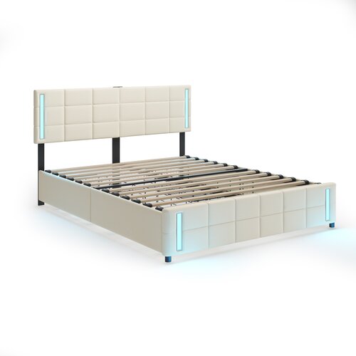 Lumor Oblazinjena postelja 140x200 cm z 4 predali, LED osvetlitvijo, 2 USB priključkoma, letveno podlago – lan – bež, (22150906) Cene