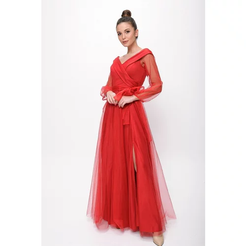 By Saygı Lace-Up Balloon Sleeve Tulle Long Evening Dress Red