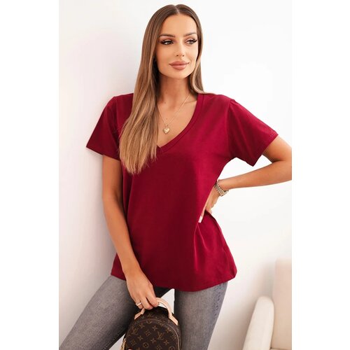 Polski Women's cotton blouse with a V-neck and short sleeves burgundy Cijene