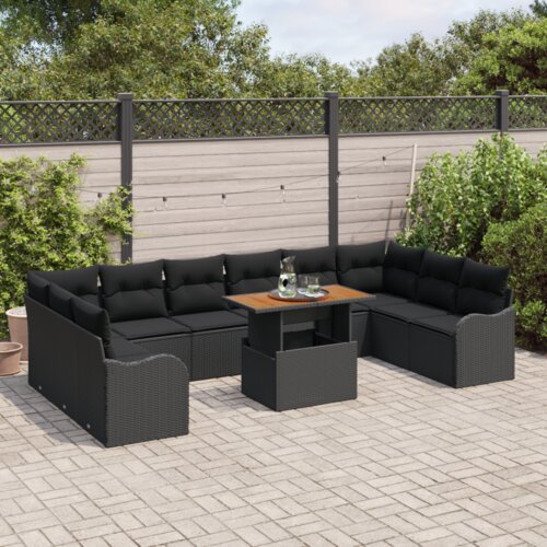 vidaXL 11-dijelni set vrtnih sofa s jastučićima crni poli ratan akacija, 2-sjedalni vrtni kauč s jastučićima crni poli ratan Cene