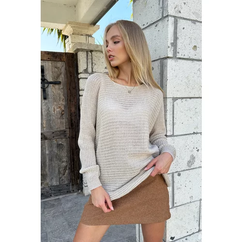 Trend Alaçatı Stili Women's Stone Thessaloniki Knit Silvery Oversize Sweater