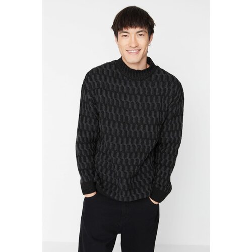 Trendyol Black Men's Oversize Fit Wide Pattern Half Turtleneck Knitted Knitwear Sweater Cene