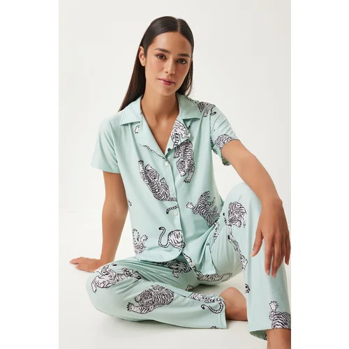 Happiness İstanbul Women's Water Green Patterned Shirt and Pants Knitted Pajama Set