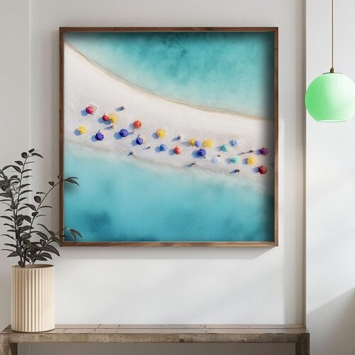Wallxpert uramljena mdf slika DOS065-50, plaža sa šarenim suncobranima iz ptičje perspektive, 50 x 50 cm Cene