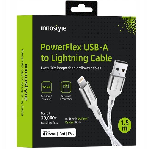 Innostyle POWERFLEX USB LIGHTNING MFI KABEL ZA HITRO POLNJENJE ZA IPHONE KEVLAR 2M SREBRN, (21748077) Cene