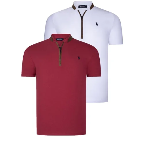 Dewberry DUAL SET T8571 ZIPPERED MENS T-SHIRT-WHITE-BURGUNDY