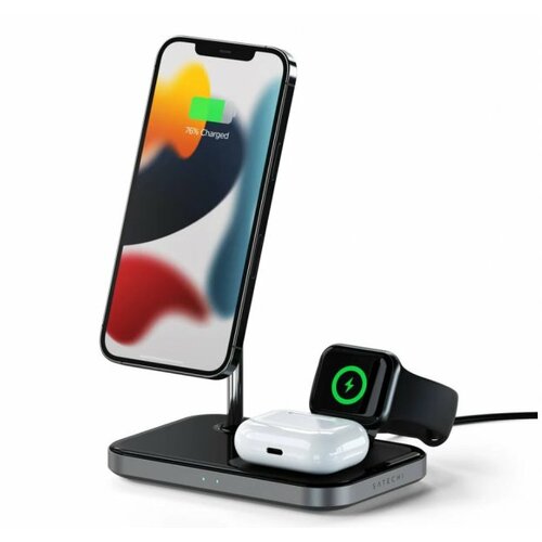 Satechi aluminium 3-in-1 magnetic wireless charging stand (iphone 12/13, apple watch, airpods pro, usb-c cable included) - black Slike