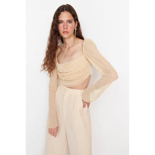 Trendyol Limited Edition Beige Bead Detailed Tulle Blouse