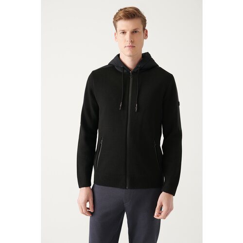 Avva Men's Black Wool Blended Hooded Zippered Standard Fit Regular Cut Cardigan Coat Slike