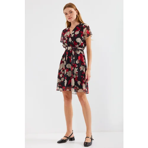 Bigdart 2502 Short Sleeve Patterned Chiffon Dress - Claret Red