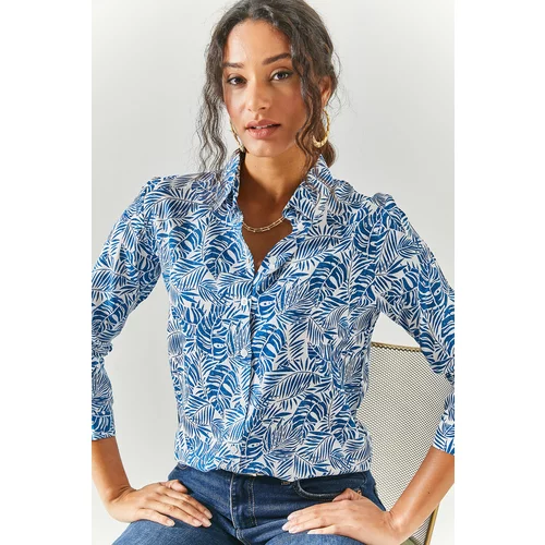 Olalook Women's Palm Navy Blue Patterned Shirt