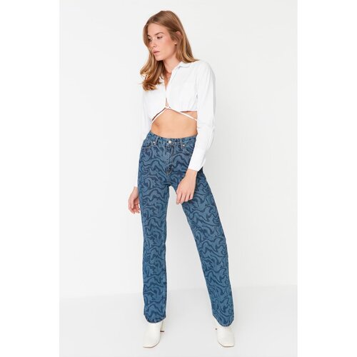 Trendyol Dark Blue Printed High Waist Wide Leg Jeans Slike