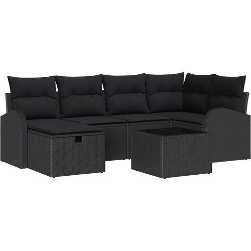 vidaXL 7-delni vrtni kavč set z blazinami črn poli ratan, 2-sedežni vrtni kavč s prostorom za shranjevanje in blazinami črn poli ratan Cene