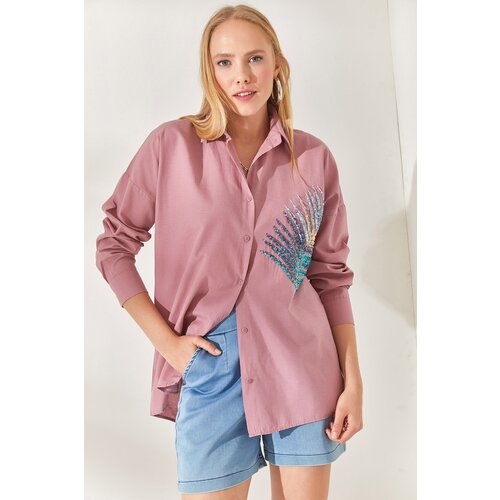 Olalook Dried Rose Palm Sequin Detailed Oversized Woven Poplin Shirt Slike