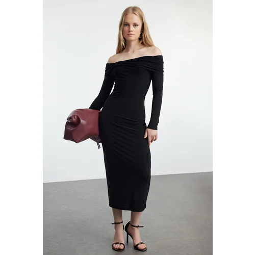 Trendyol Black Carmen Collar Fitted/Fitting Flexible Midi Knitted Dress