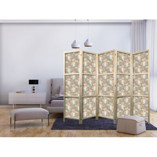  Japanski paravan - Little Bouquets - Exotic Flowers and Leaves on a Gray-Green Background Cene