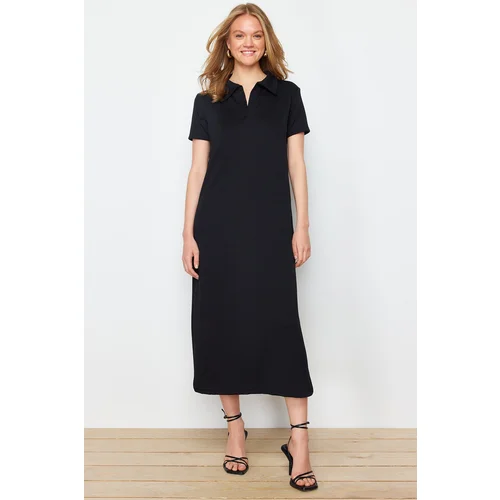 Trendyol Black Polo Neck Shift/Regular Cut Midi Stretchy Knitted Dress